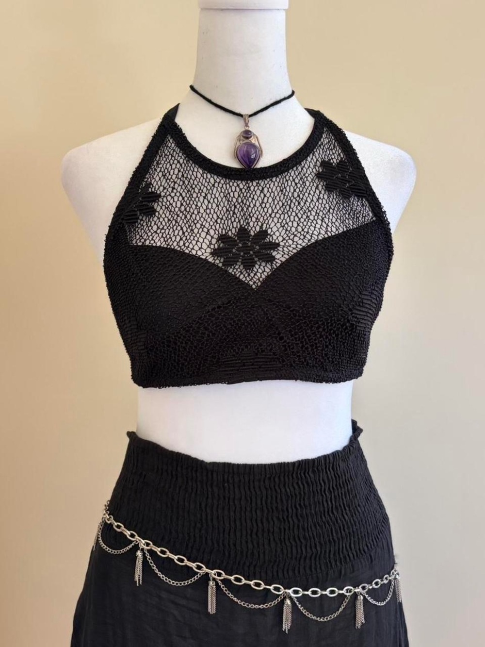Vintage 90s floral mesh halter top black sheer knit fishnet goth hippie boho S-M